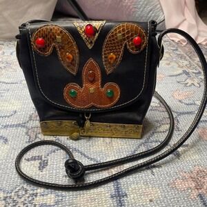 Italian designer black leather beaded crossbody bag